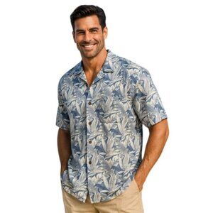 Tommy Bahama Hawaiian Blue Shirt Large Tropical Linen Blend Vacation Resort